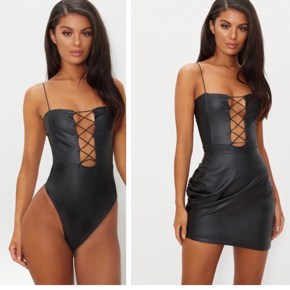 $Black Strappy Lace Up PU Thong Bodysuit